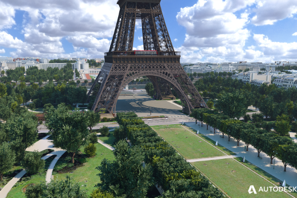 La ville de Paris a signé un partenariat avec l’éditeur de logiciel Autodesk qui a conçu, à partir d’un relevé 3D des 50 ha, une représentation virtuelle du site autour de la tour Eiffel. © Autodesk